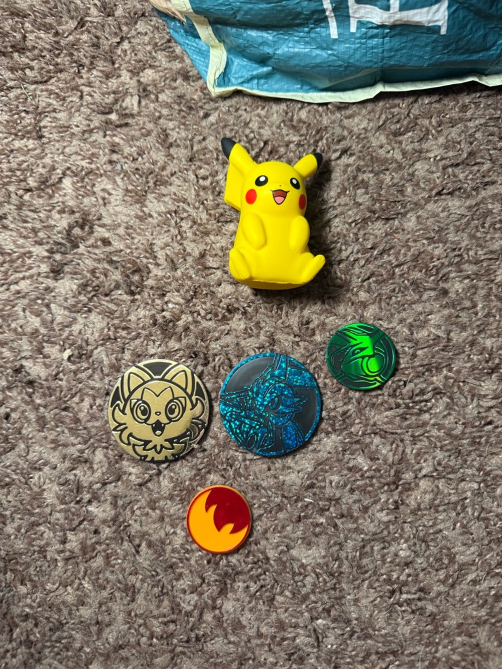 Pikachu Squishy & Various Pokemon Coins